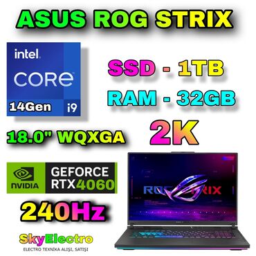 notbuk alisi: Yeni ASUS ROG, 18 ", Intel Core i9, 1 TB, Ünvandan götürmə, Pulsuz çatdırılma, Ödənişli çatdırılma
