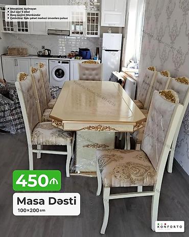 Məhsul: Masa dəsti Ölçü: 100×200 sm Stul sayı: 6 ədəd Mexanizm