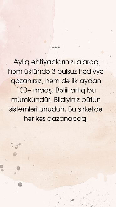 Başqa xidmətlər: Bu elan aylıq ehtiyaclarınızı qarşılayarkən əlavə qazanmaq imkanı