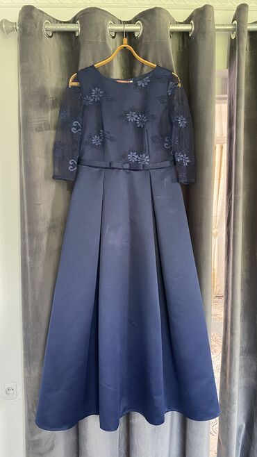 синяя вечерняя платья: Вечернее платье, Длинная модель, Атлас, С рукавами, 4XL (EU 48)