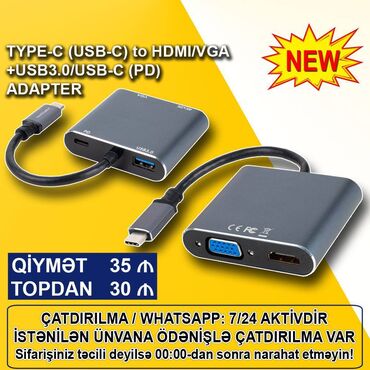 Digər kompüter aksesuarları: Adapter" Type-C (USB-C) to HDMI/VGA/USB-C (PD)/USB3.0" 🚚Metrolara və