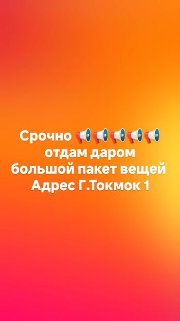 Отдам даром: Срочно отдаю пакет вещей 
 хорошего состояния
Г.Токмой Военный городок