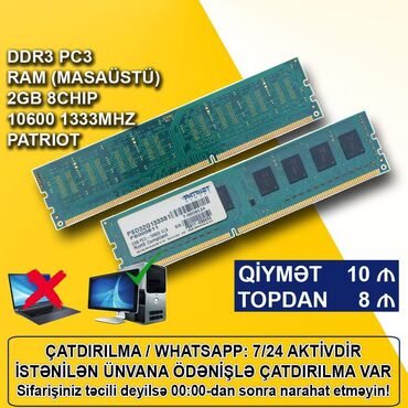 ucuz kompüterlər: Operativ yaddaş (RAM) Patriot Memory, 2 GB, 1333 Mhz, DDR3, PC üçün, İşlənmiş