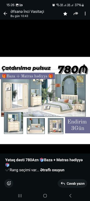 qardirob mebel: *Yataq dəsti 780Azn💥 Baza + Matras hədiyyə🤩* ✔️Rəng seçimi var *Şəhər