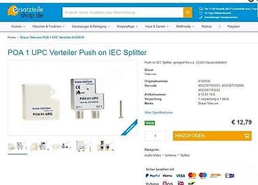 Aksesoari za TV i video: Braun teleCom POA 01-UPC – push-on IEC razdelnik (splitter) - Model — 2