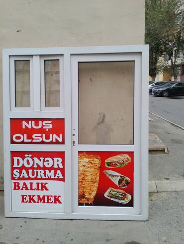 пластик эшик терезелер: PVC vitrin/kiçik fasad bloku – restoran/fast‑food köşkü üçün -