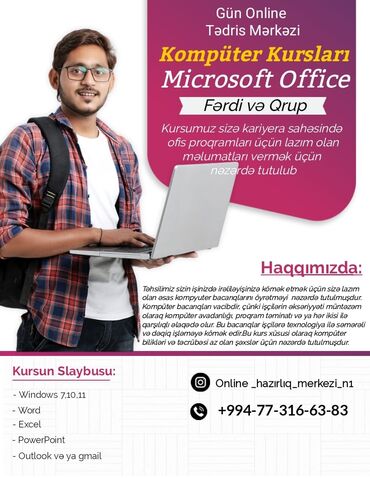 komputer kurslari ehmedlide: Kompüter kursu: Microsoft Windows, Microsoft Office, Programlaşdırma, Onlayn, məsafəli, Fərdi, Qrup