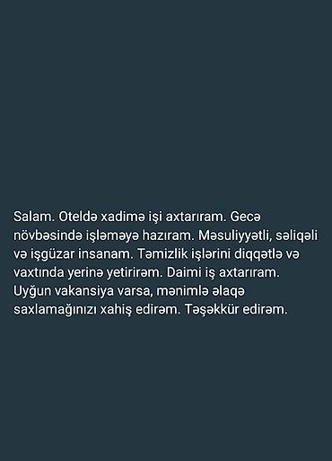 ev temizlik isi bakida: Xadimə, Otel, 38 yaş, 1 ildən az təcrübə — 1