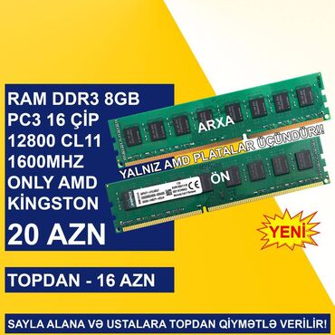 komputer siçanı: Operativ yaddaş (RAM) AMD, 8 GB, 1600 Mhz, DDR3, PC üçün, Yeni