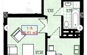 сдается 2 комнатная квартира в джале: 1 комната, 42 м², Элитка, 6 этаж, ПСО (под самоотделку)