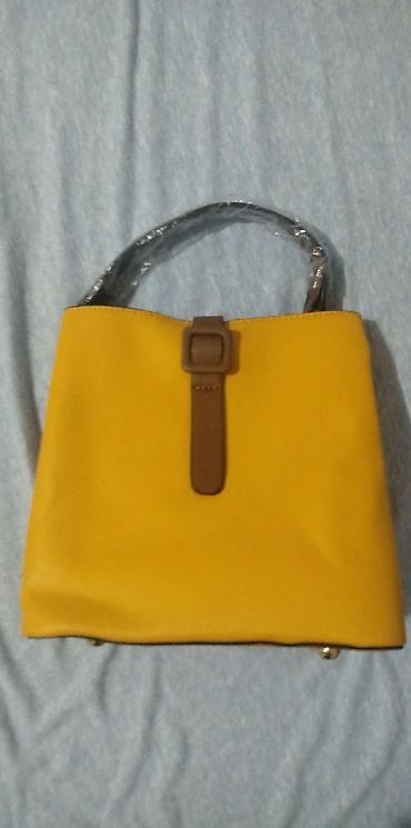 Torbe: Ženska torba – žuta sa braon detaljima - Model: tote/kanta torba sa — 1