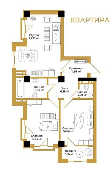 Продажа квартир: 2 комнаты, 80 м², Элитка, 8 этаж, ПСО (под самоотделку) — 2