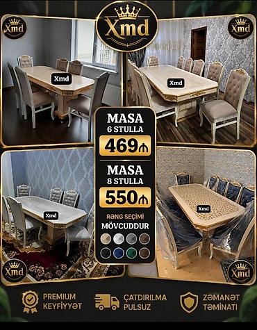 Masa və oturacaq dəstləri: Masa və 6 stul dəsti – Xmd • Komplekt: 1 yemək masası + 6 ədəd stul — 101
