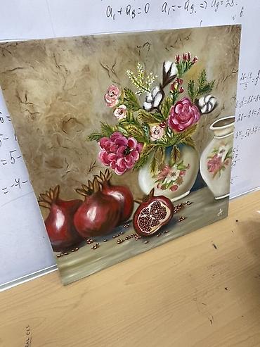 nar gülü: Əsərin adı: Nar və güllər ilə natürmort – orijinal yağlı boya tablo — 1