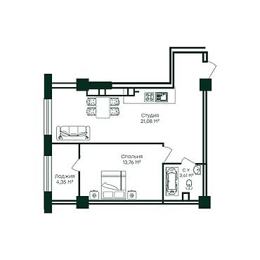 калинина: 1 комната, 53 м², Аламедин-1 мкр Элитка, 16 этаж, ПСО (под самоотделку) — 1