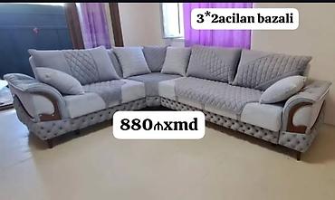 divanl: Künc divan dəsti – 3+2 açılan, bazalı model - Rəng: Açıq-boz tonlarda — 1
