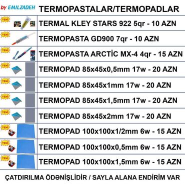 termal pasta: Termopastalar və Termopadlar 🚚Metrolara və ünvana çatdırılma var