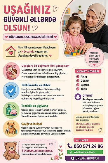 Hövsanda uşaq dayəsi xidməti Uşağınız güvənli əllərdə olsun! Hövsanda