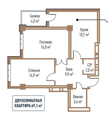 seven: 2 комнаты, 69 м², Элитка, 9 этаж, ПСО (под самоотделку) — 3