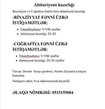 Repetitorlar: Riyaziyyat və Coğrafiya fənləri üzrə abituriyent hazırlığı xidməti