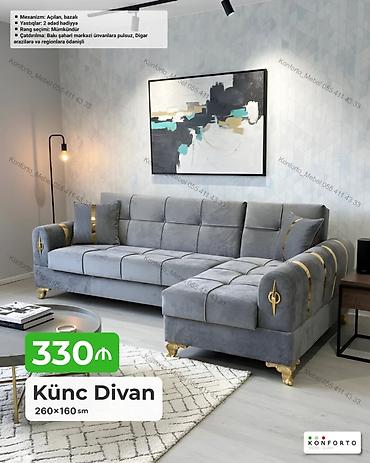 Диваны: Künc divan – 260×160 sm • Mexanizm: açılan, bazalı • Yastıqlar: 2 — 1
