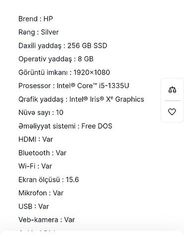 hp notebook ryzen 5: HP noutbuk – 15.6" FHD (1920×1080) ekran, gümüşü gövdə. Texniki — 2