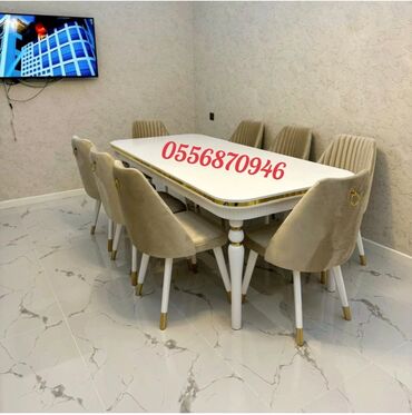 Masa və oturacaq dəstləri: Qonaq otağı üçün, Yeni, Açılmayan, Dördbucaq masa, 6 stul — 7