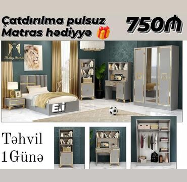 usag ucun manej: Oğlan və qız üçün, Yeni, Təknəfərlik çarpayı, Yazı masası, Dolab, 2 tumba