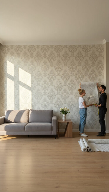 пуфик пыльная роза для прихожей: Рулоны обоев с классическим узором "дамаск" в светлых тонах идеально