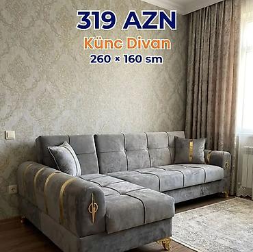 Ev üçün mebel: Künc Divan – 260 × 160 sm Qiymət: 319 AZN - Rəng: boz (zərif qızılı — 1