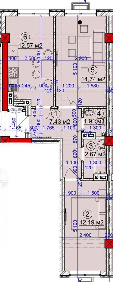 Продажа квартир: 2 комнаты, 54 м², Элитка, 5 этаж, ПСО (под самоотделку)