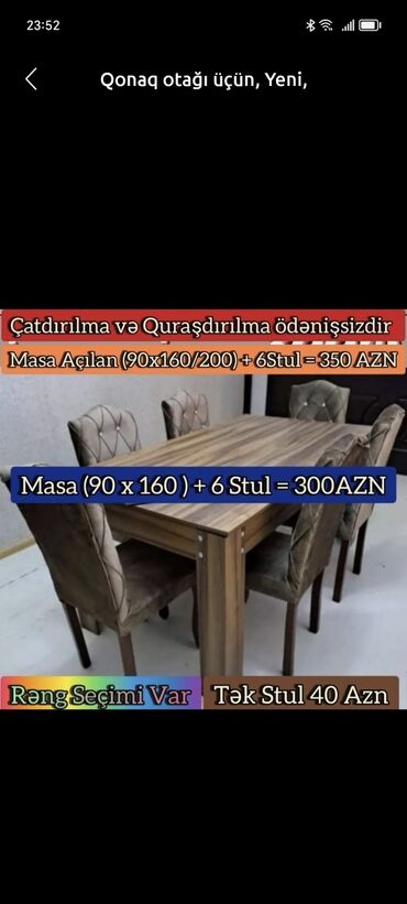 Masa və oturacaq dəstləri: Qonaq otağı üçün, Yeni, Açılmayan, Dördbucaq masa, 6 stul — 3