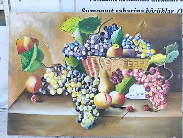 aminol yağ: Yağlı boya natura-mort tablo - Mövzu: səbətdə üzüm salxımları, armud — 1