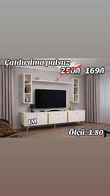 asma unitaz: TV stendi və divar rəfi dəsti - Ümumi dizayn: Ağ rəng, qızılı — 1