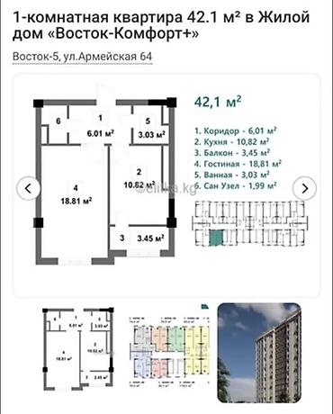 1 комната, 42 м², Восток-5 мкр Элитка, 7 этаж, ПСО (под самоотделку)