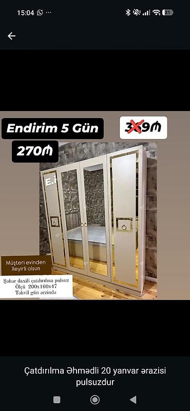 taxta tavanlar: Mebel: 4 qapılı paltar dolabı Xüsusiyyətlər: - Rəng: krem tonlarında — 1