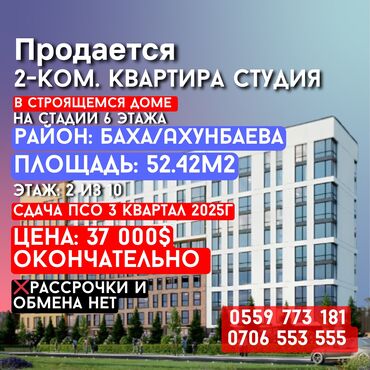 рассрочка продаю: 2 комнаты, 52 м², Элитка, 2 этаж, ПСО (под самоотделку)