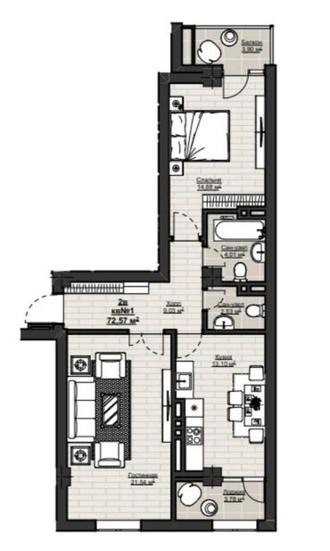 Продажа квартир: 2 комнаты, 72 м², Элитка, 4 этаж, ПСО (под самоотделку)