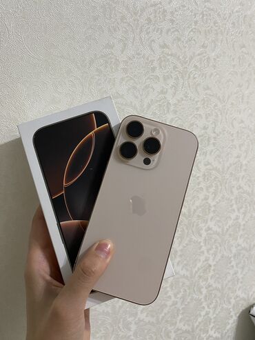 айфон телефондор: IPhone 16 Pro, Жаңы, 256 ГБ, Desert Titanium, Заряддоочу түзүлүш, Коргоочу айнек, Каптама, 100 %