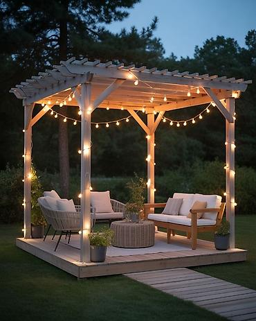 Digər bağ, çöl mebeli: Bağ üçün taxta pergola – dekorativ işıqlandırmalı, teraslı Məhsul — 2