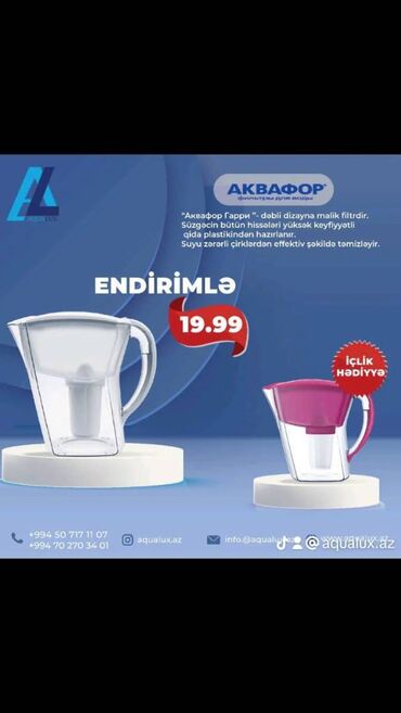 su ceni satisi: 🔺Akvafor qrafin- 19.99 (içlik daxil) 🔺Tutumu:3,9l 🔺Filtr sayı:1 🔺1