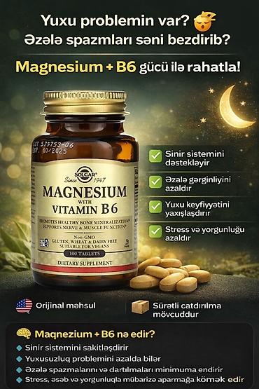 magnesium tablet: 🇺🇸Solgar Magnesium with Vitamin B6 – 100 tablet, Sinir və əzələ — 1