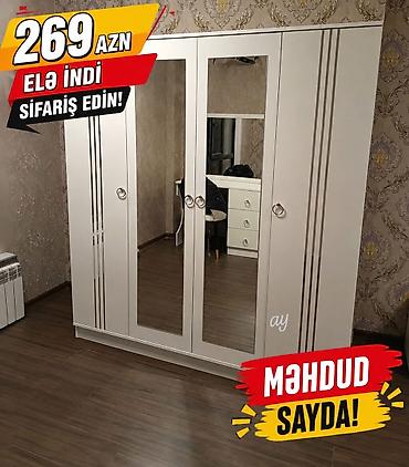 Paltar dolabları, qarderoblar: 4 qapılı paltar şkafı - Rəng: krem/bej tonları, qızılı dekor xətləri — 6