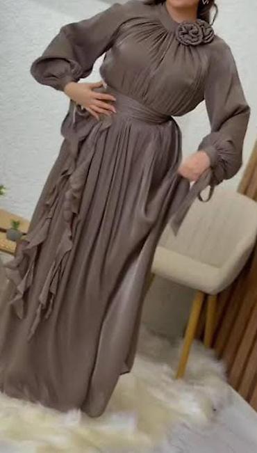 Zərif tünd bej rəngli uzun ziyafət donu - Model: tam uzun, axıcı