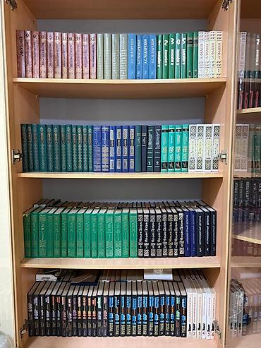 Коллекция книг в шкафу, укомплектованных серийными изданиями классики