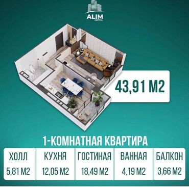 сдается квартира аламедин 1 рынок чынар: 1 комната, 44 м², Элитка, 11 этаж, ПСО (под самоотделку)