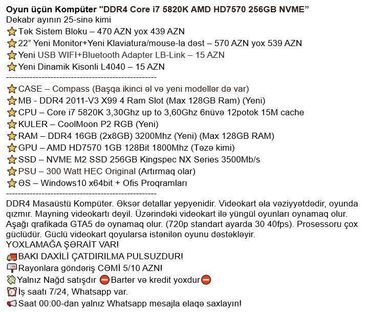Masaüstü kompüterlər və iş stansiyaları: Oyun üçün Kompüter "DDR4 Core i7 5820K AMD HD7570 256GB NVME” Dekabr — 2