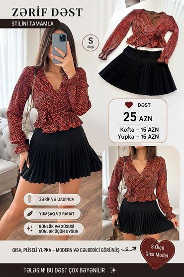 geyım: Zərif qadın geyim dəstləri 1) Qısa pliseli ətək + naxışlı qırmızı — 1