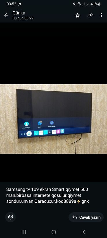 Televizorlar: Samsung tv 109 ekran Smart.qiymet 500 man.birbaşa internete