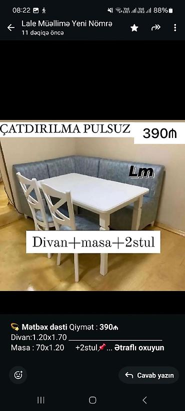 metbex divanlari: 💫 *Mətbəx dəsti* Qiymət : *390₼* Divan:1.20x1.70 — 5